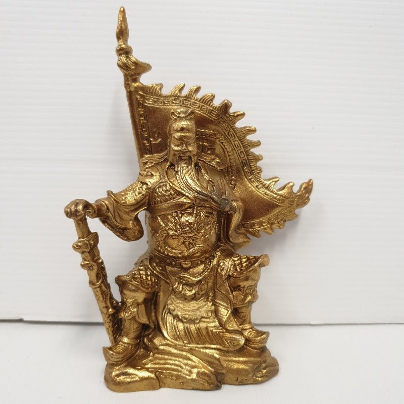 Brass Guan Gong/Kuan Kong Seatting with Victory Flag 14cm FENG SHUI PRODUCTS at World Of Decor NZ