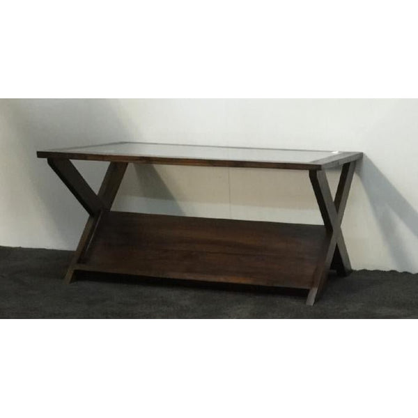 Teak Glass Top Coffee Table with Built-In Magazine Rack - Dark Brown at World Of Decor NZ