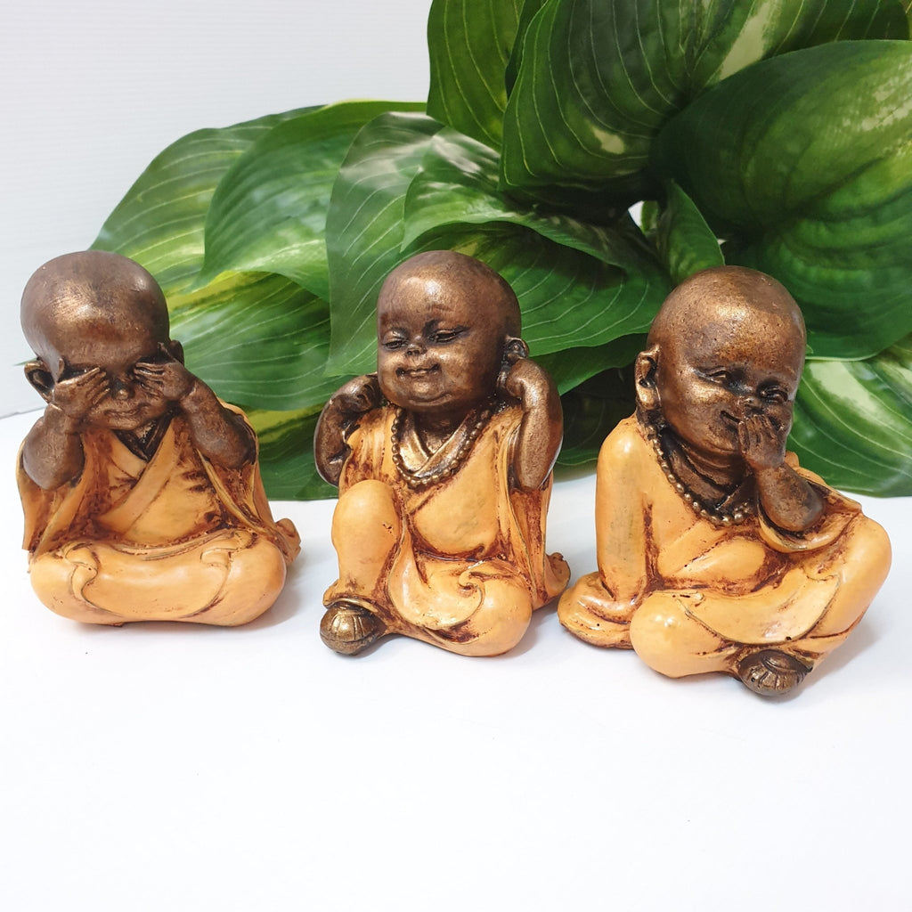 3 Monk Hear/See/Speak No Evil - Orange Poly Resin Buddhas at World Of Decor NZ