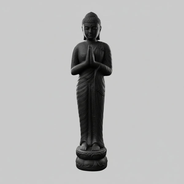 Greeting Buddha Standing On Lotus Base Statue - Black BUDDHA at World Of Decor NZ