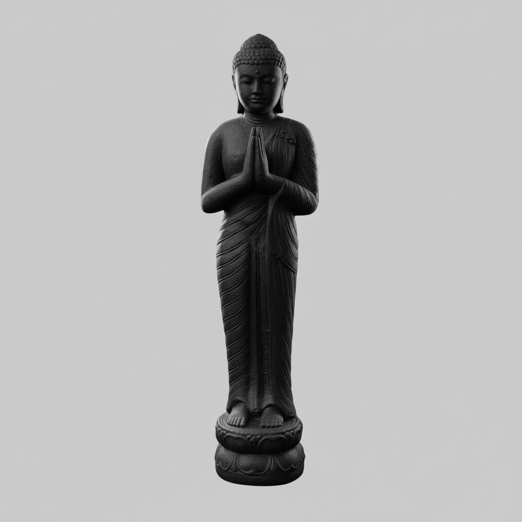 Greeting Buddha Standing On Lotus Base Statue - Black BUDDHA at World Of Decor NZ