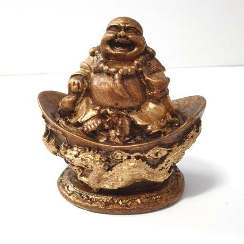 Happy Wealth Buddha On Ingot Base - Gold BUDDHA at World Of Decor NZ