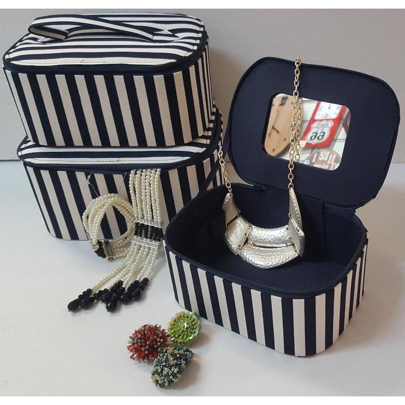 Multipurpose Jewellery/ Cosmetic/ Travel Bag Set of 3-Blue & White at World Of Decor NZ