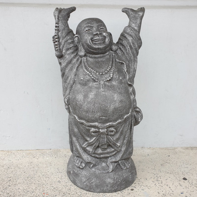 Happy Buddha Hands Up Statue-Silver at World Of Decor NZ
