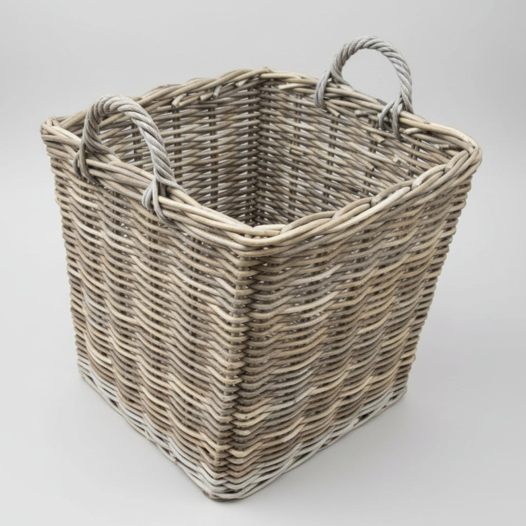 Square Cane Log Basket Grey Wash Color Cane & Rattan at World Of Decor NZ