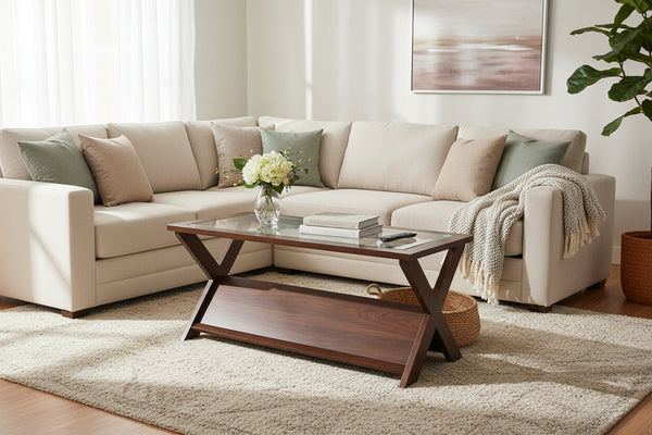 Teak Glass Top Coffee Table with Built - In Magazine Rack - Dark Brown COFFEE TABLE at World Of Decor NZ