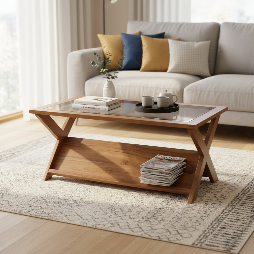 Teak Glass Top Coffee Table with Built - In Magazine Rack - Natural COFFEE TABLE at World Of Decor NZ