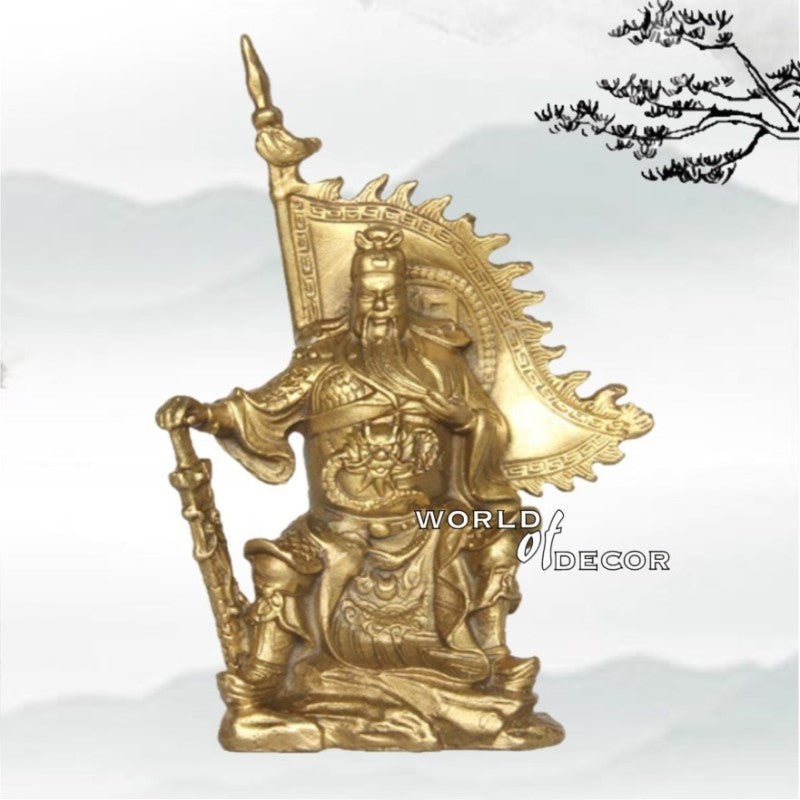 Brass Guan Gong/Kuan Kong Seatting with Victory Flag 14cm at World Of Decor NZ