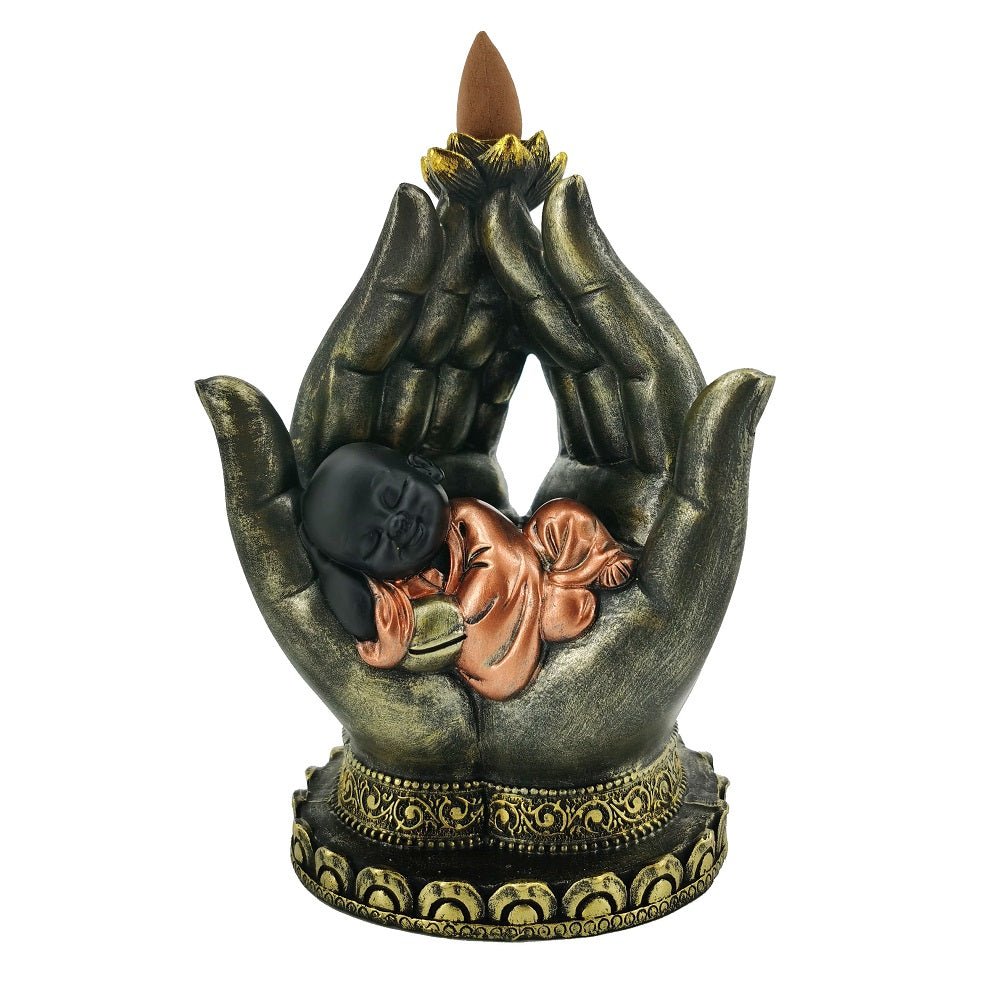 Backflow Incense Burner - Monk Resting on Buddha Hand INCENSE at World Of Decor NZ