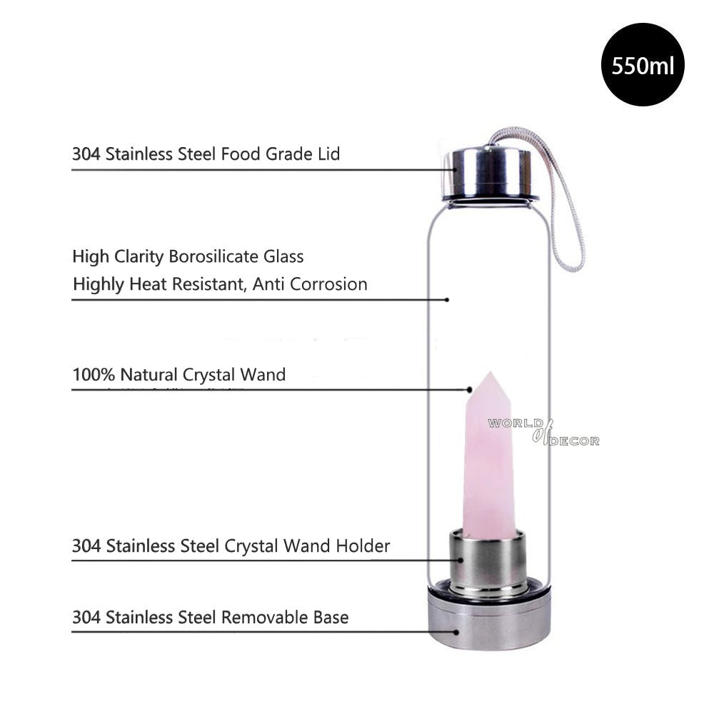 Crystal Water Bottle - Rose Quartz Point CRYSTAL BOTTLE at World Of Decor NZ