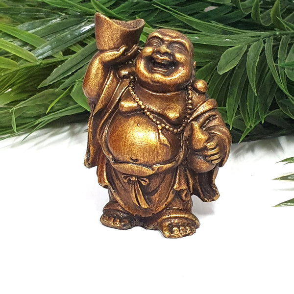 Laughing Buddha Holding Gold Ingot Poly Resin Buddhas at World Of Decor NZ