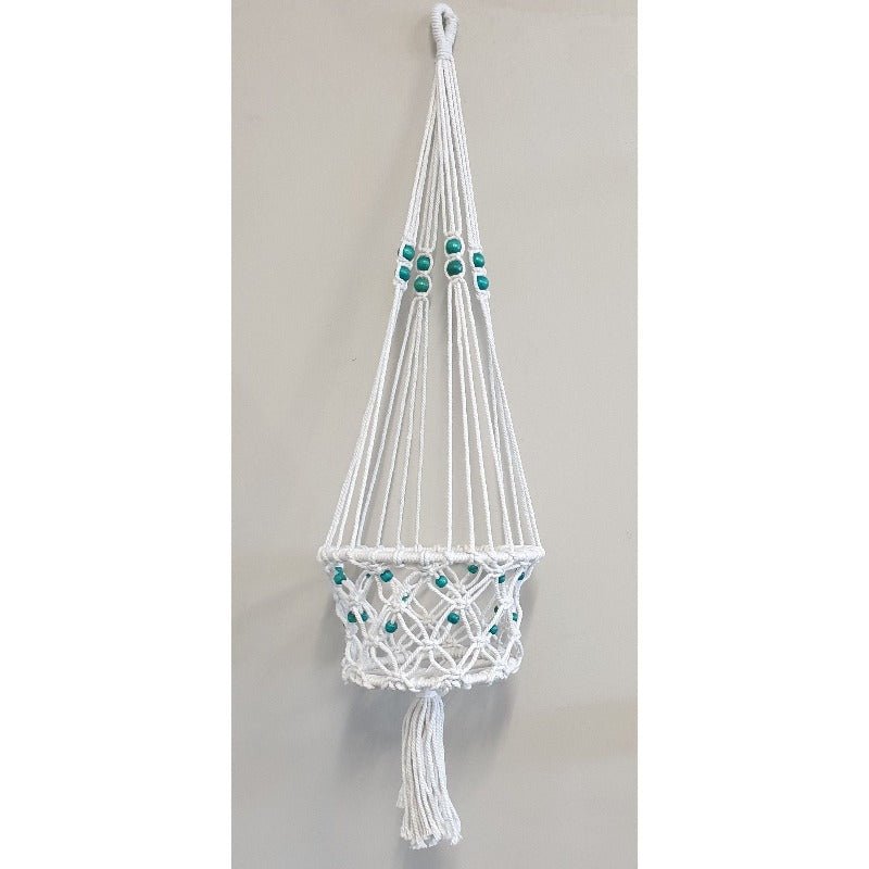 Macrame Pot Plant Hange Single 22cm - White with Teq Bead Pot Plant Hangers & Holders at World Of Decor NZ
