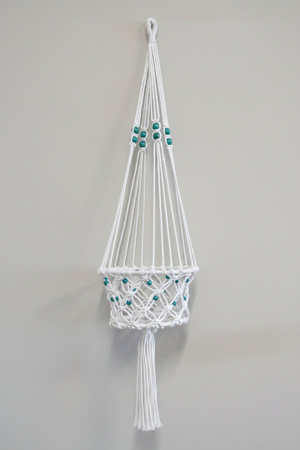 Macrame Pot Plant Hange Single 22cm - White with Teq Bead Pot Plant Hangers & Holders at World Of Decor NZ