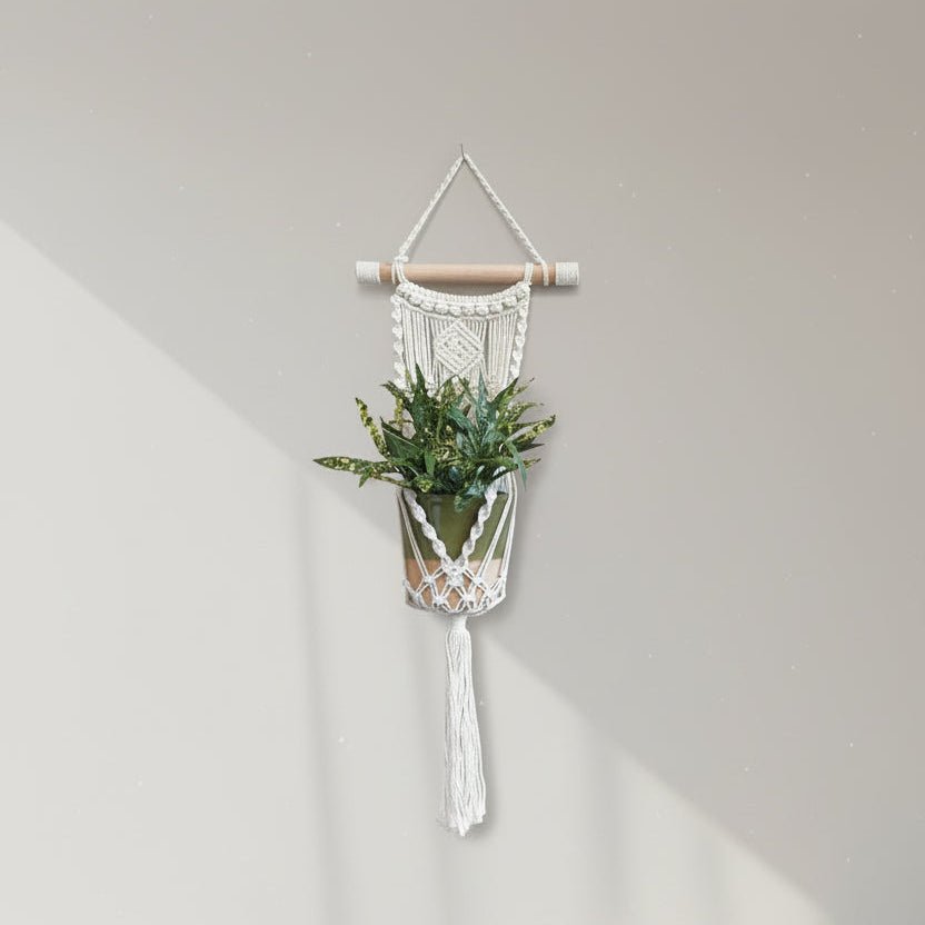 Macrame Pot Plant Holder Wooden Handle Pot Plant Hangers & Holders at World Of Decor NZ