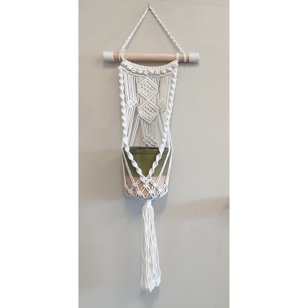 Macrame Pot Plant Holder Wooden Handle Pot Plant Hangers & Holders at World Of Decor NZ